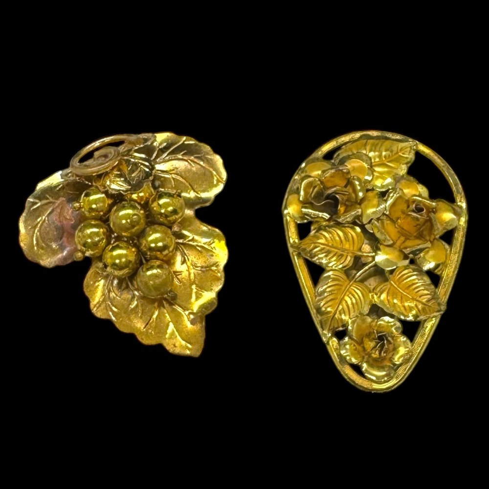 Vintage Gold Plated Over Brass Grape Brooch & Floral Dress Clip